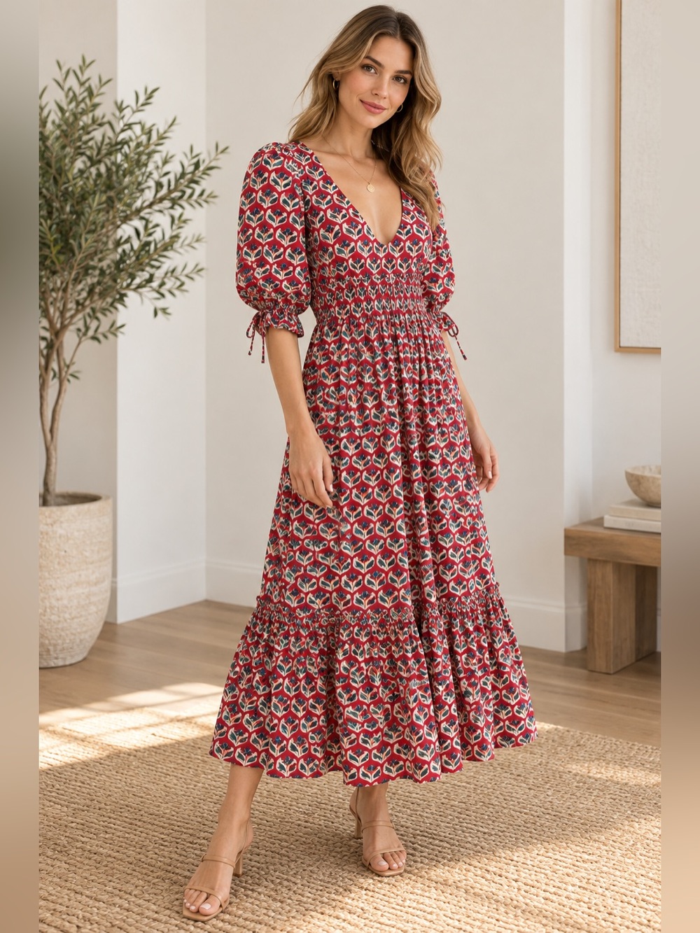 Eddy Hayley Red Floral Puff-Sleeve Maxi Dress with Smocked Waist